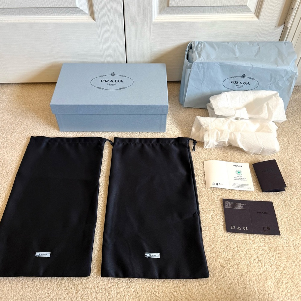 Prada Empty Box, Two Prada Dust Bags, Prada Cards, Prada Tissue Paper Authentic